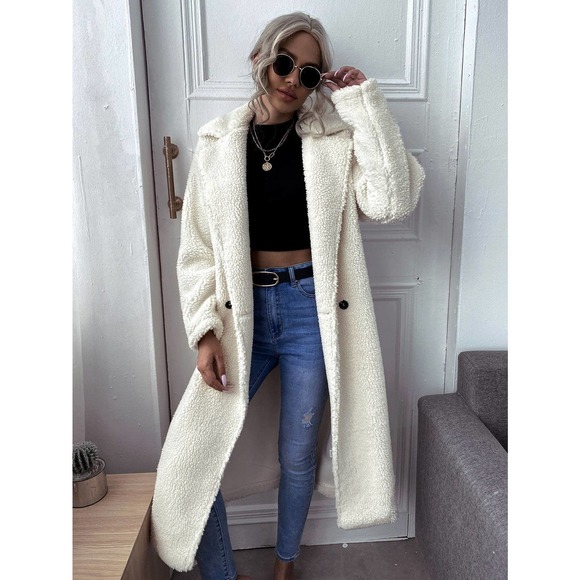 Double Button Teddy Coat Long Trench Coat Fuzzy Fluffy faux fur white cream - Picture 2 of 8